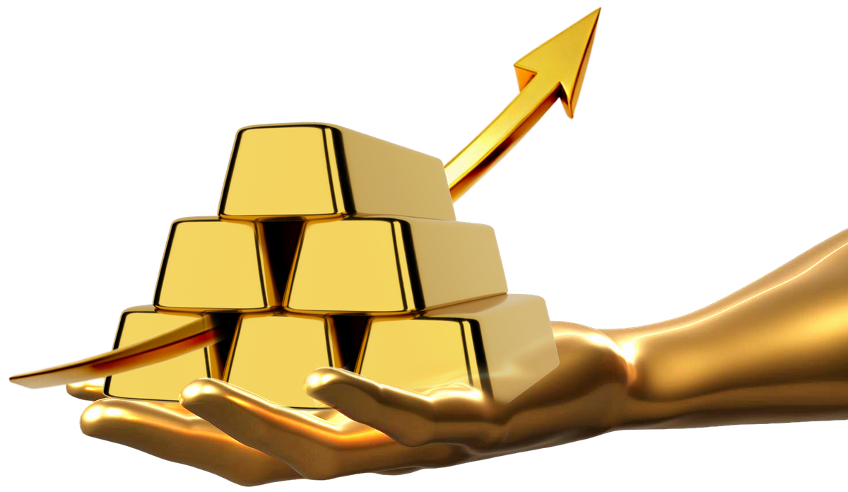 Hand holding a stack of 24K gold bars with a rising arrow